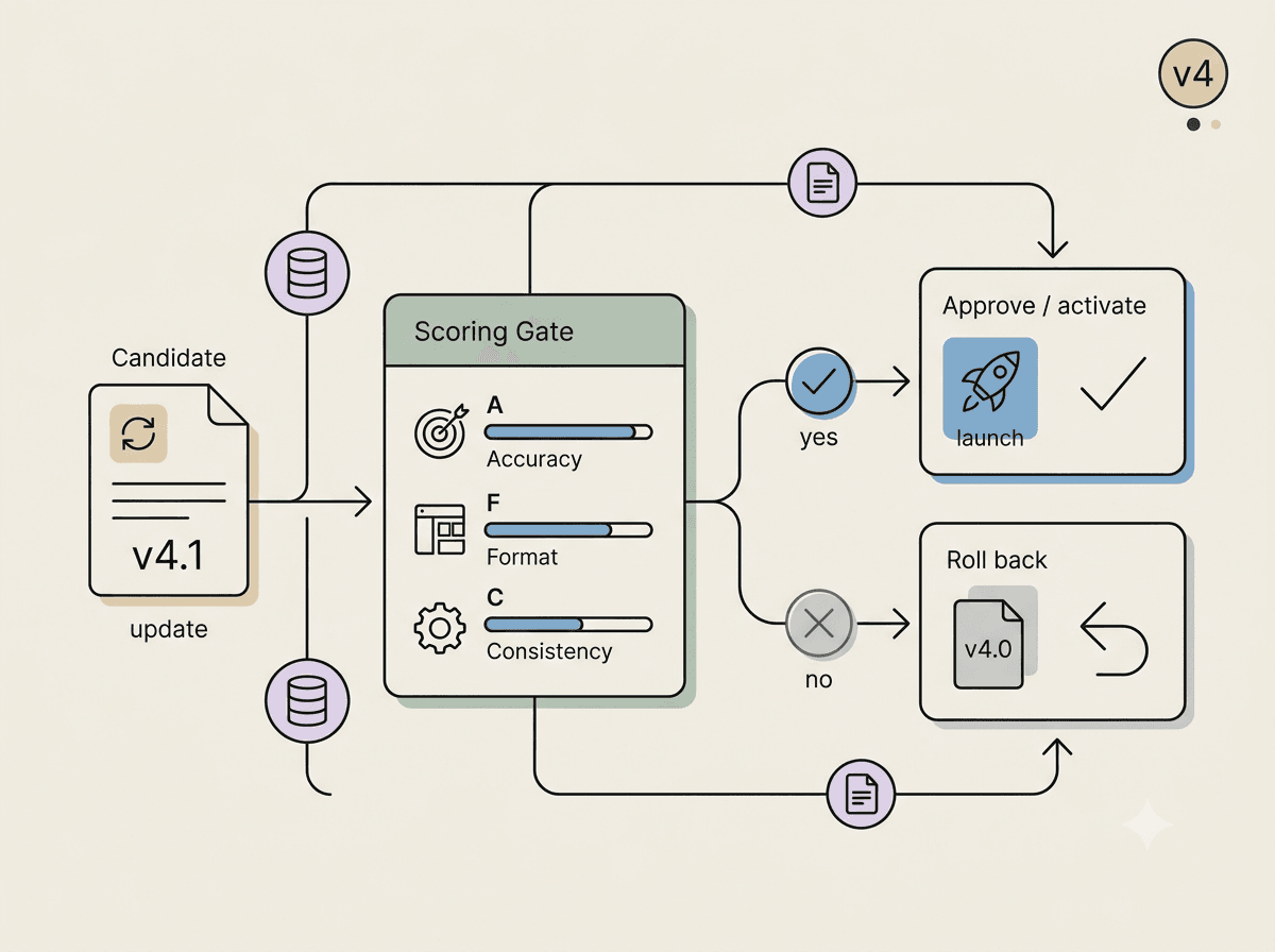 A candidate revision passes through a scoring gate measuring accuracy, format, and consistency; passing versions are approved and activated, failing ones roll back to the previous version.