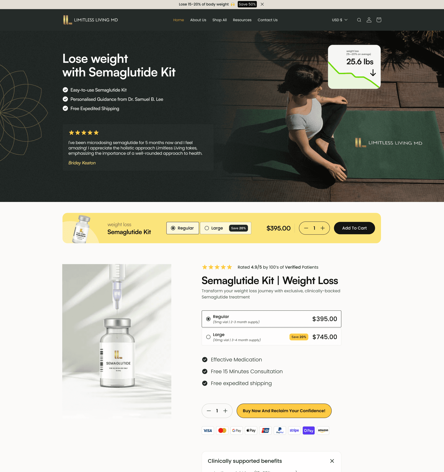 Limitless Living MD product page after the conversion redesign
