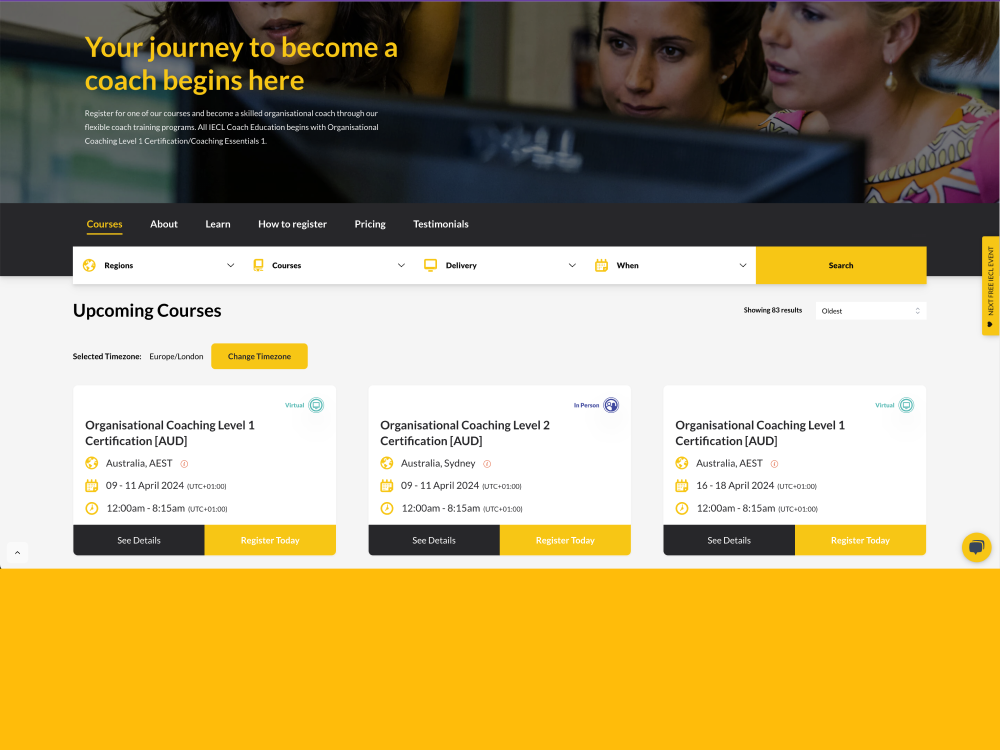 IECL course catalogue with region, course, delivery, and date filters